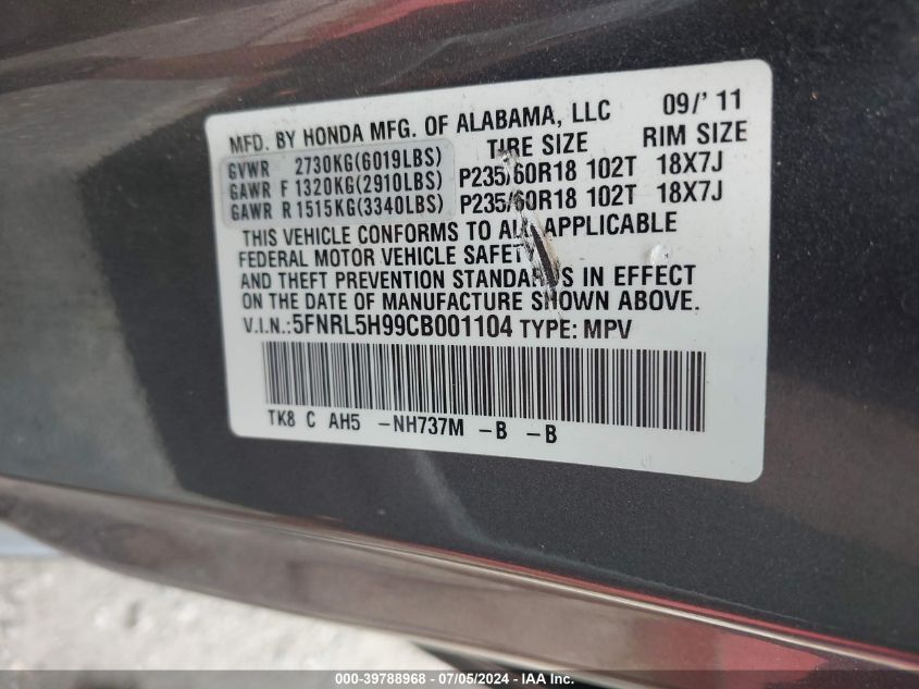 2012 Honda Odyssey Touring/Touring Elite VIN: 5FNRL5H99CB001104 Lot: 39788968