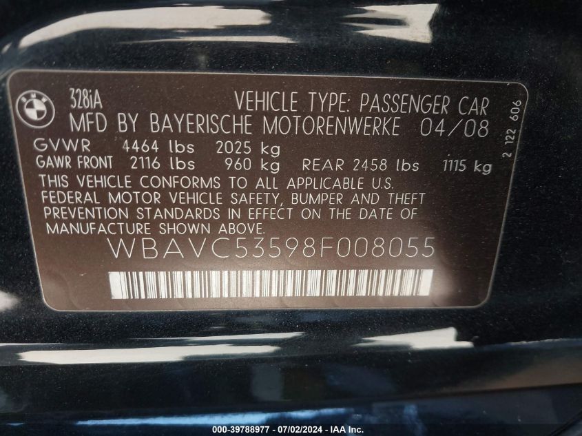 2008 BMW 328I VIN: WBAVC53598F008055 Lot: 39788977