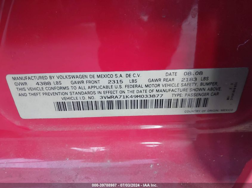 2009 Volkswagen Jetta Wolfsburg Edition VIN: 3VWRA71K49M033877 Lot: 39788987