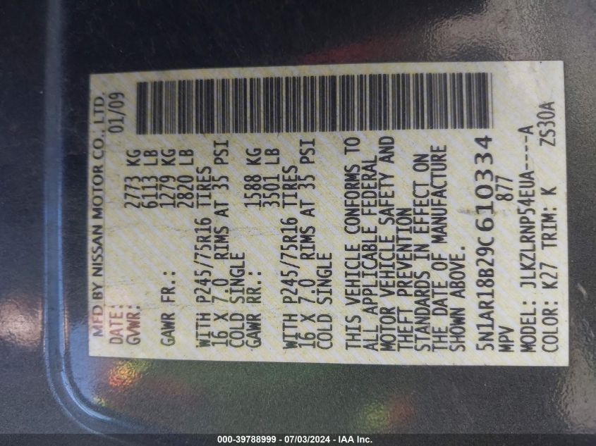 2009 Nissan Pathfinder S VIN: 5N1AR18B29C610334 Lot: 39788999