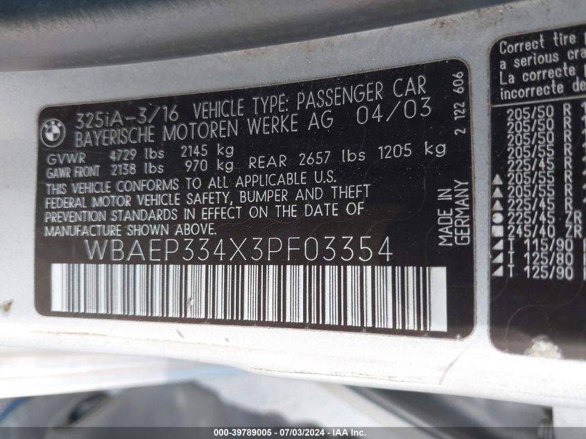 2003 BMW 325Xit VIN: WBAEP334X3PF03354 Lot: 39789005