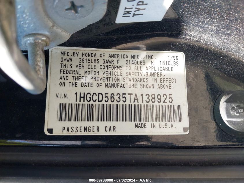 1996 Honda Accord Lx/Ex VIN: 1HGCD5635TA138925 Lot: 39789008