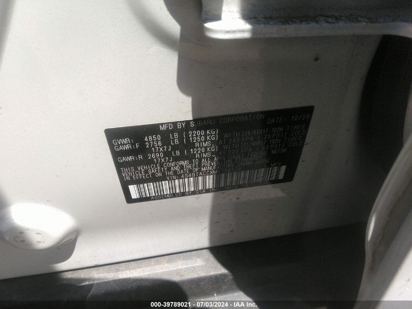 2021 Subaru Outback Premium VIN: 4S4BTACCXM3120576 Lot: 39789021