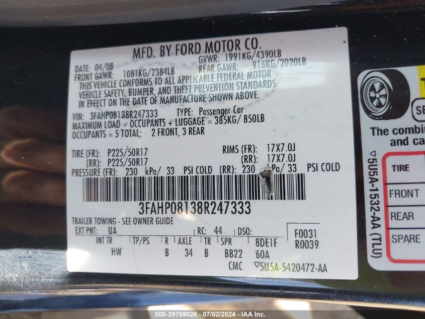 2008 Ford Fusion Sel VIN: 3FAHP08138R247333 Lot: 39789026