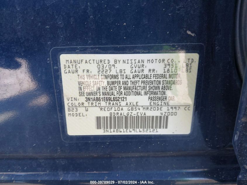 2009 Nissan Sentra 2.0 VIN: 3N1AB61E69L652121 Lot: 39789029