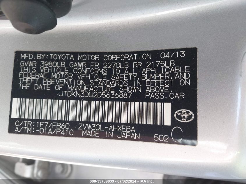 2013 Toyota Prius Three VIN: JTDKN3DU2D5636887 Lot: 39789039