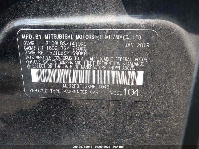 2019 Mitsubishi Mirage G4 Es VIN: ML32F3FJ2KHF11048 Lot: 39789043