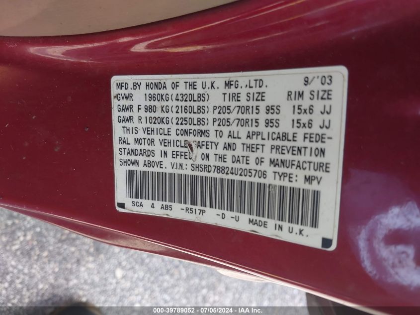 2004 Honda Cr-V Ex VIN: SHSRD78824U205706 Lot: 39789052