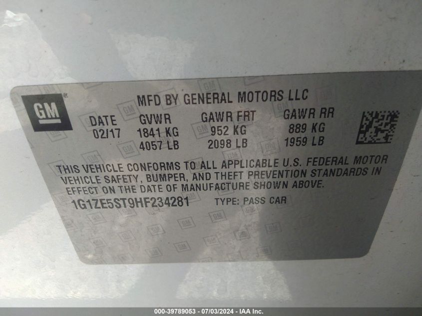 2017 Chevrolet Malibu 1Lt VIN: 1G1ZE5ST9HF234281 Lot: 39789053