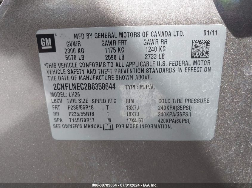 2011 Chevrolet Equinox 2Lt VIN: 2CNFLNEC2B6358644 Lot: 39789064