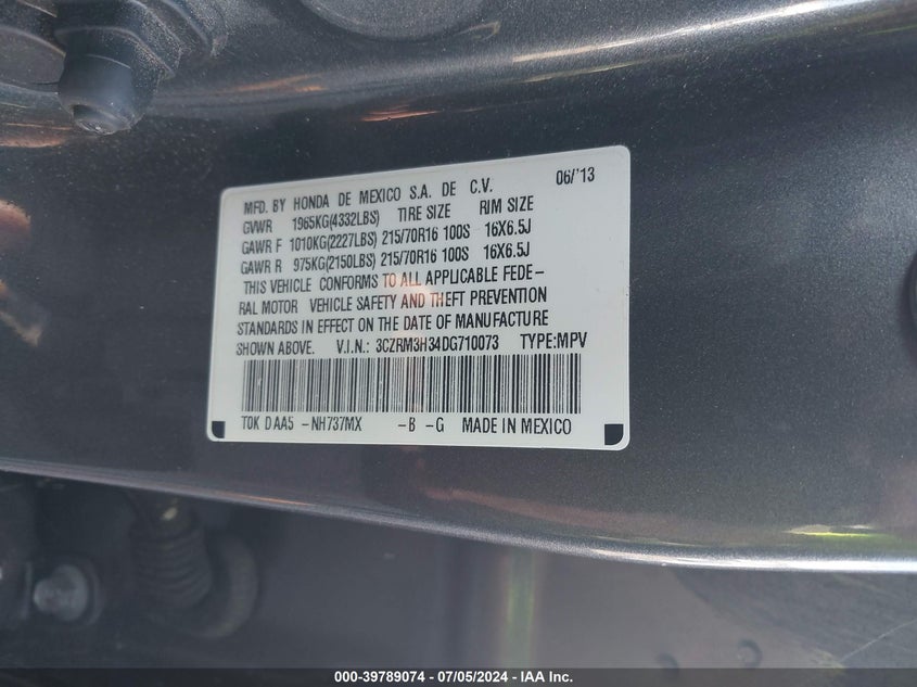 2013 Honda Cr-V Lx VIN: 3CZRM3H34DG710073 Lot: 39789074