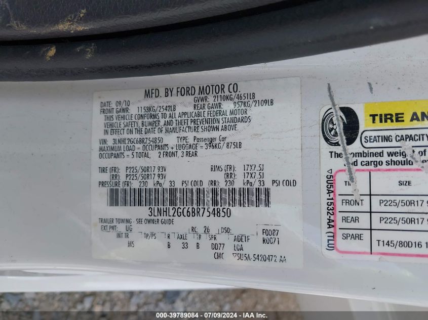 2011 Lincoln Mkz VIN: 3LNHL2GC6BR754850 Lot: 39789084