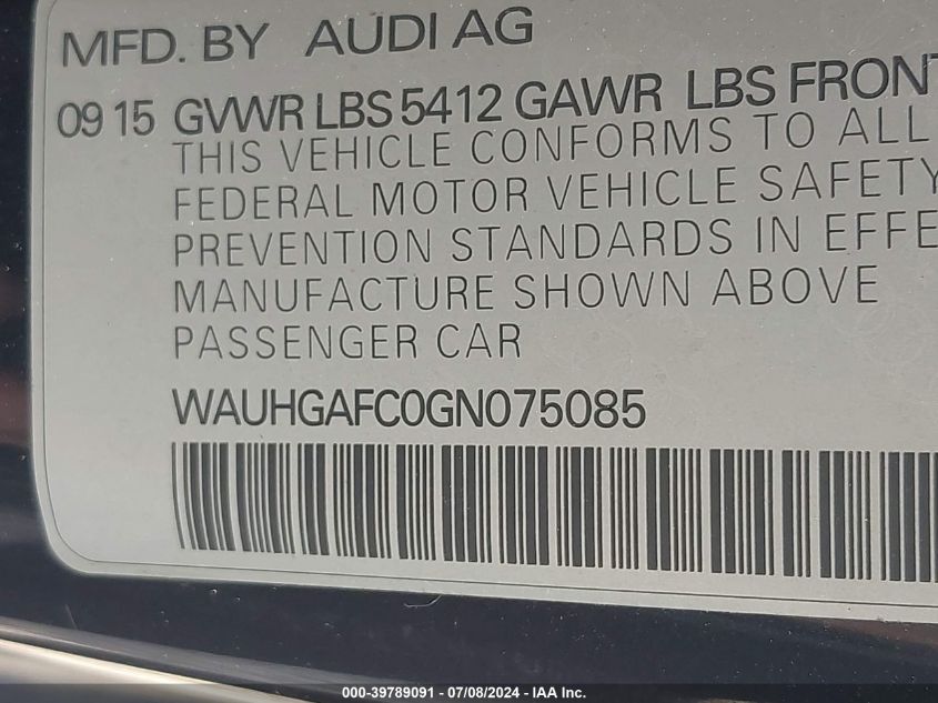 2016 Audi A6 Prestige VIN: WAUHGAFC0GN075085 Lot: 39789091