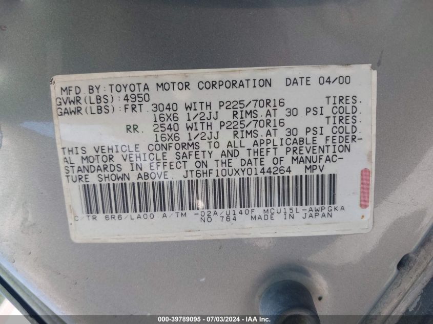 2000 Lexus Rx 300 VIN: JT6HF10UXY0144264 Lot: 39789095