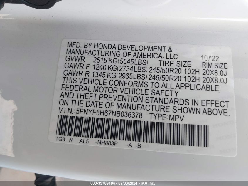 2022 Honda Pilot Touring VIN: 5FNYF5H67NB036378 Lot: 39789104