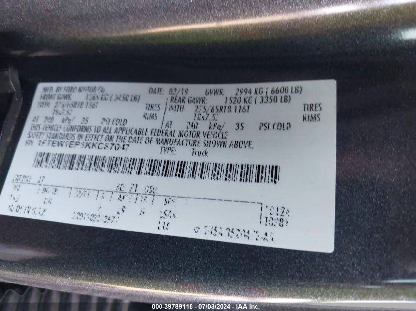 1FTEW1EP1KKC87047 2019 Ford F-150 Xlt