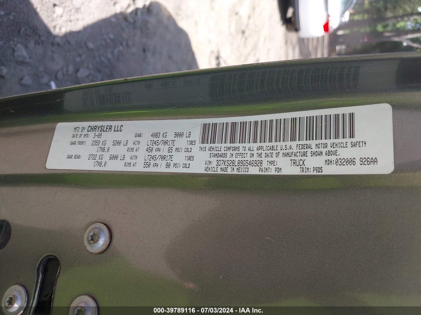 2009 Dodge Ram 2500 VIN: 3D7KS28L89G546928 Lot: 39789116