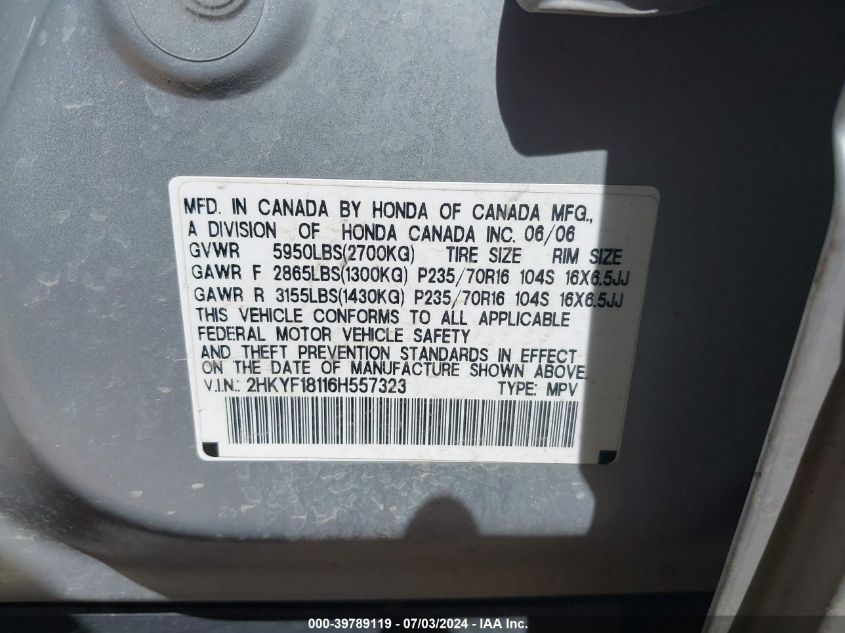 2006 Honda Pilot Lx VIN: 2HKYF18116H557323 Lot: 39789119