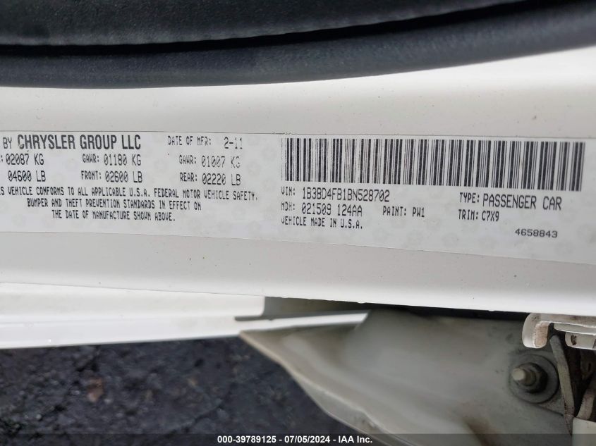 2011 Dodge Avenger Express VIN: 1B3BD4FB1BN528702 Lot: 39789125