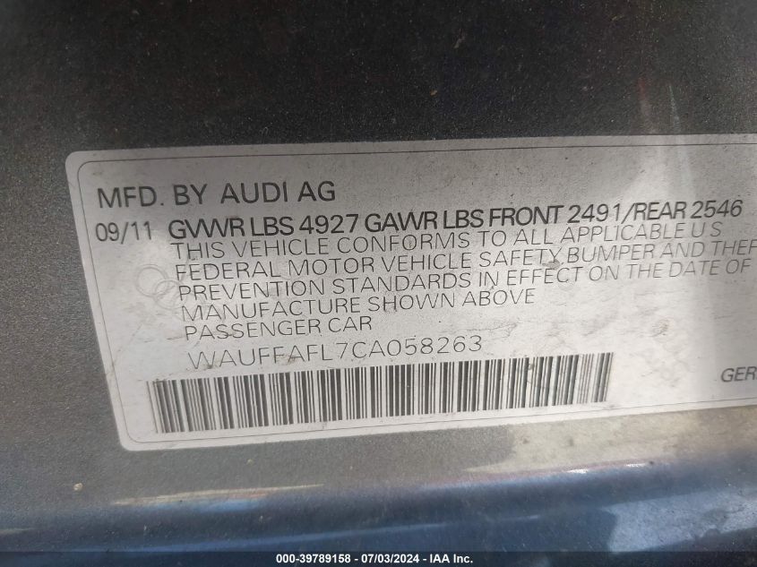 2012 Audi A4 2.0T Premium VIN: WAUFFAFL7CA058263 Lot: 39789158