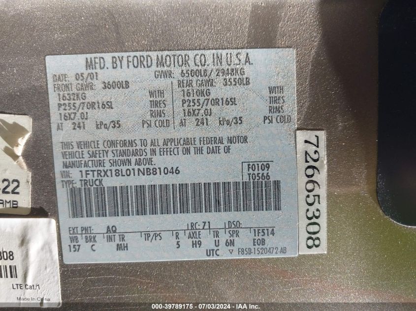 2001 Ford F-150 Lariat/Xl/Xlt VIN: 1FTRX18L01NB81046 Lot: 39789175