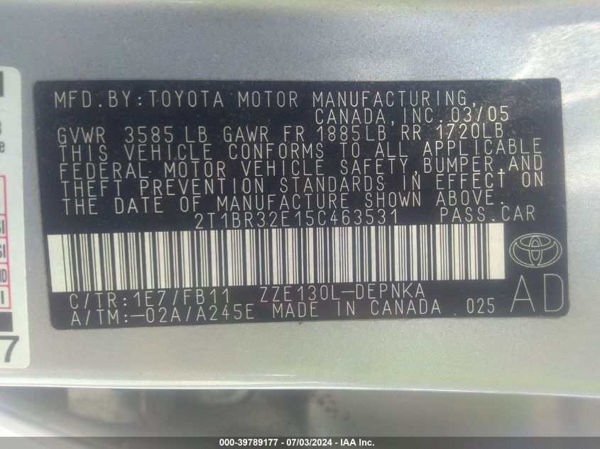 2005 Toyota Corolla Le VIN: 2T1BR32E15C463531 Lot: 39789177