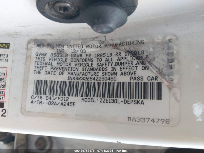 1NXBR32E84Z290460 2004 Toyota Corolla S