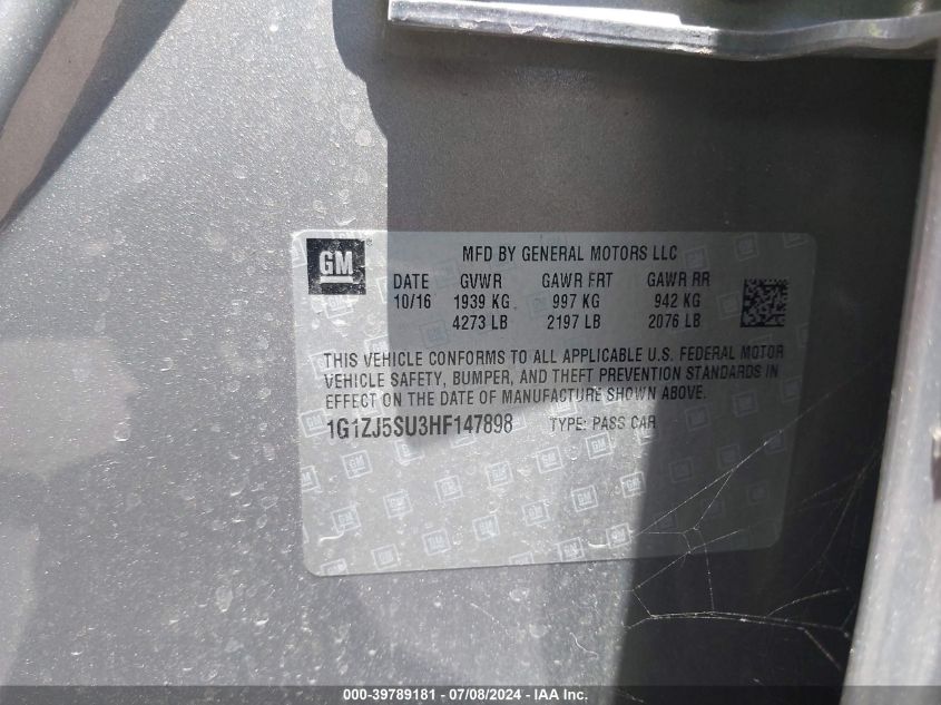 2017 Chevrolet Malibu Hybrid VIN: 1G1ZJ5SU3HF147898 Lot: 39789181