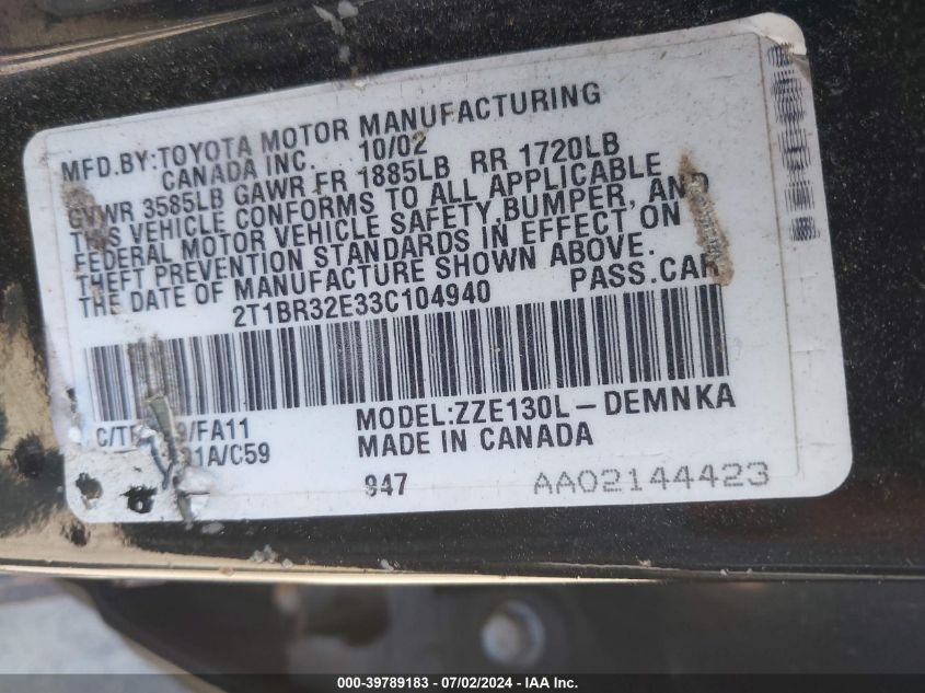 2003 Toyota Corolla Le VIN: 2T1BR32E33C104940 Lot: 39789183