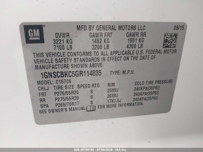 2016 Chevrolet Tahoe Lt VIN: 1GNSCBKC5GR114835 Lot: 39789186