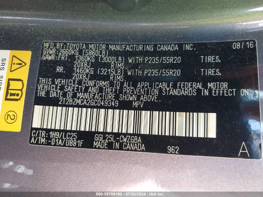 2016 Lexus Rx 350 F Sport VIN: 2T2BZMCA2GC049349 Lot: 39789190