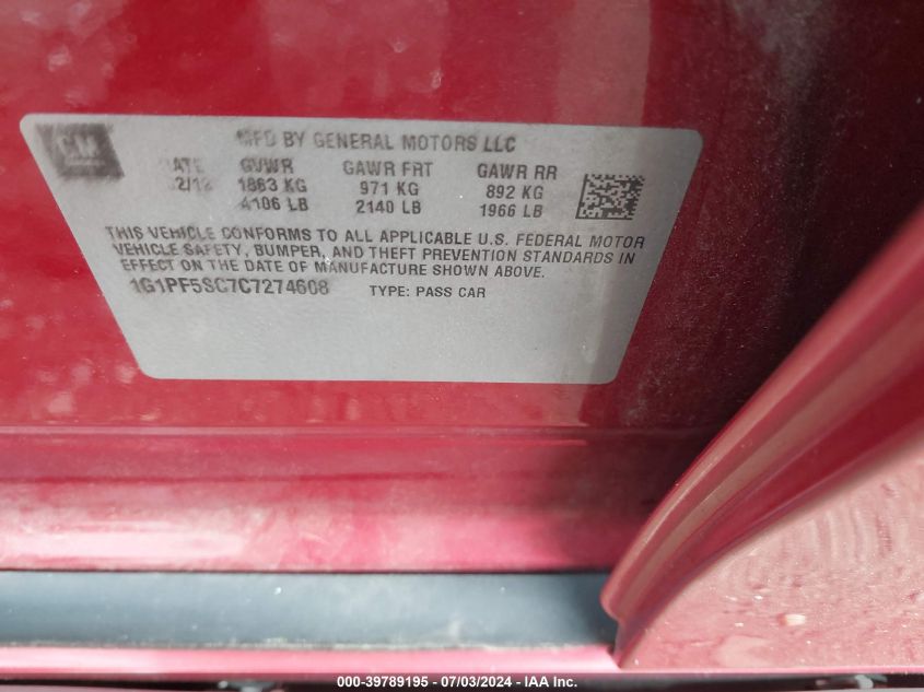 2012 Chevrolet Cruze Lt VIN: 1G1PF5SC7C7274608 Lot: 39789195