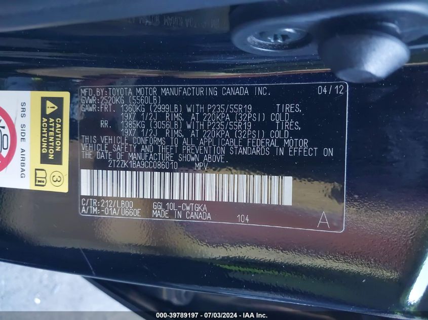 2012 Lexus Rx 350 VIN: 2T2ZK1BA9CC086010 Lot: 39789197