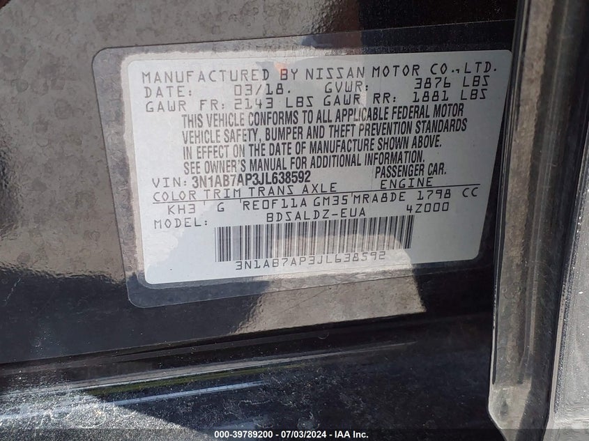 2018 Nissan Sentra Sv VIN: 3N1AB7AP3JL638592 Lot: 39789200