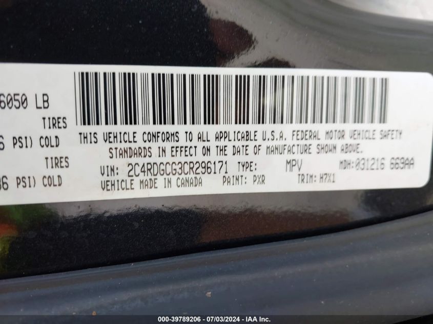 2012 Dodge Grand Caravan Sxt VIN: 2C4RDGCG3CR296171 Lot: 39789206