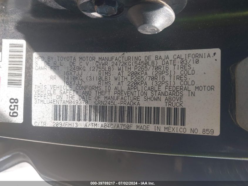 2010 Toyota Tacoma Base V6 VIN: 3TMLU4EN7AM049370 Lot: 39789217