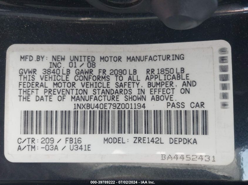 2009 Toyota Corolla Le VIN: 1NXBU40E79Z001194 Lot: 39789222