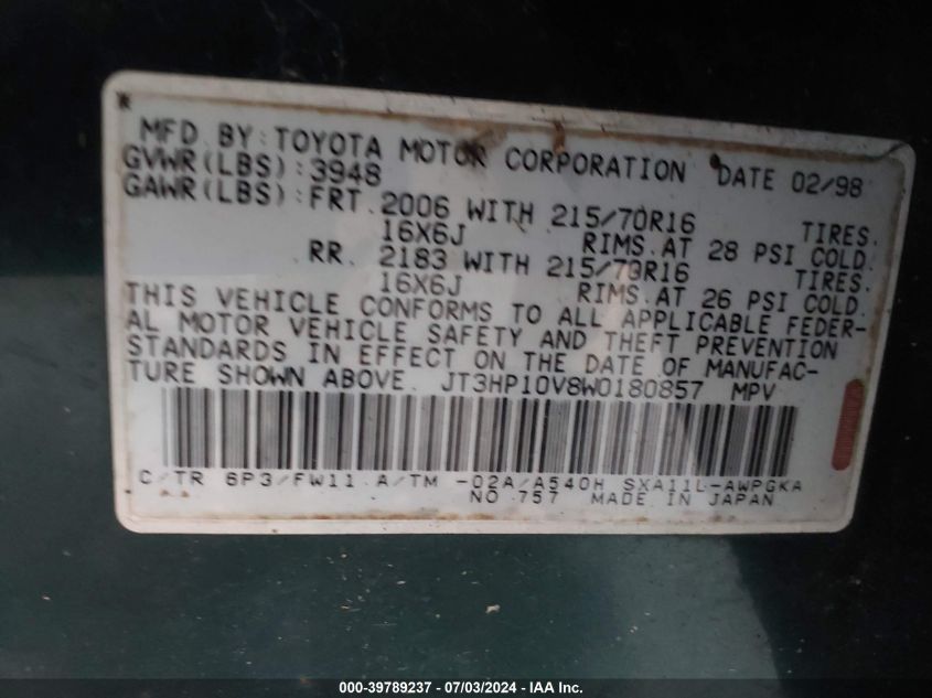 1998 Toyota Rav4 VIN: JT3HP10V8W0180857 Lot: 39789237