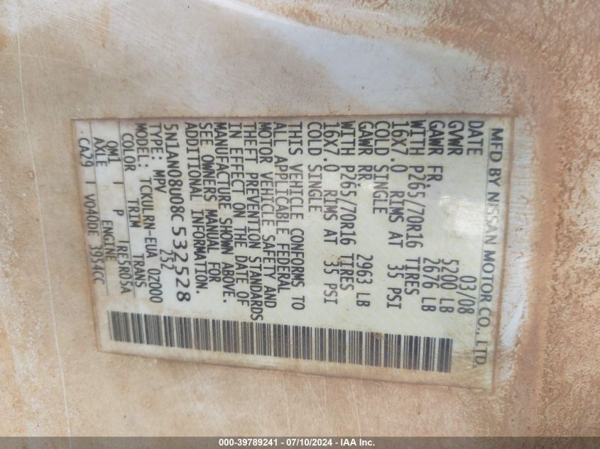 2008 Nissan Xterra S VIN: 5N1AN08U08C532528 Lot: 39789241