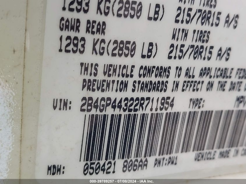 2002 Dodge Grand Caravan Sport VIN: 2B4GP44322R711954 Lot: 39789257