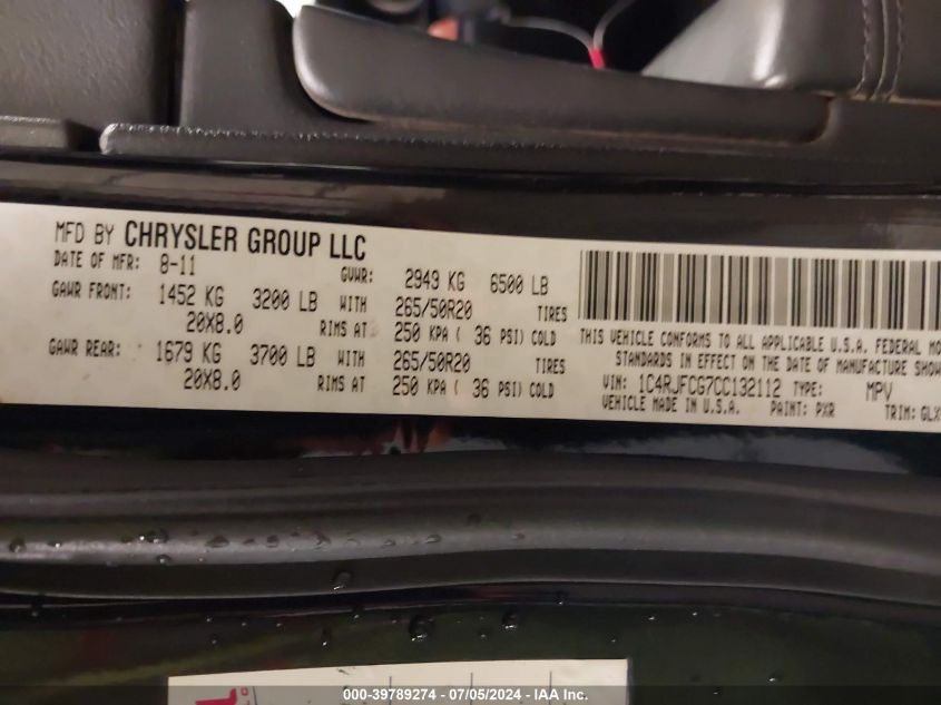 2012 Jeep Grand Cherokee Overland VIN: 1C4RJFCG7CC132112 Lot: 39789274