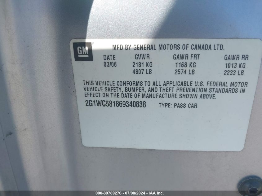 2006 Chevrolet Impala Lt VIN: 2G1WC581869340838 Lot: 39789276