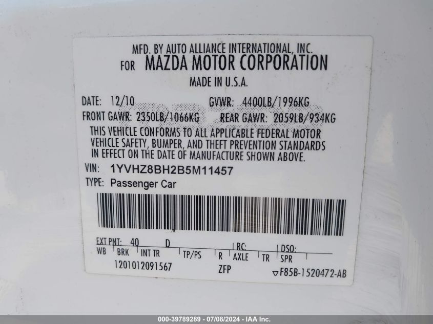 2011 Mazda Mazda6 I Sport VIN: 1YVHZ8BH2B5M11457 Lot: 39789289