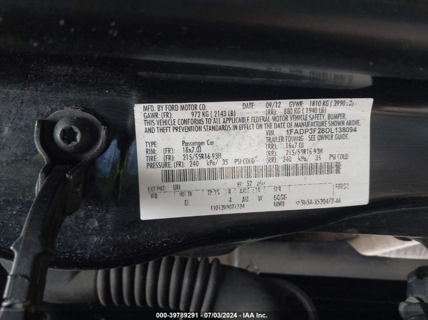 2013 Ford Focus Se VIN: 1FADP3F28DL138094 Lot: 39789291