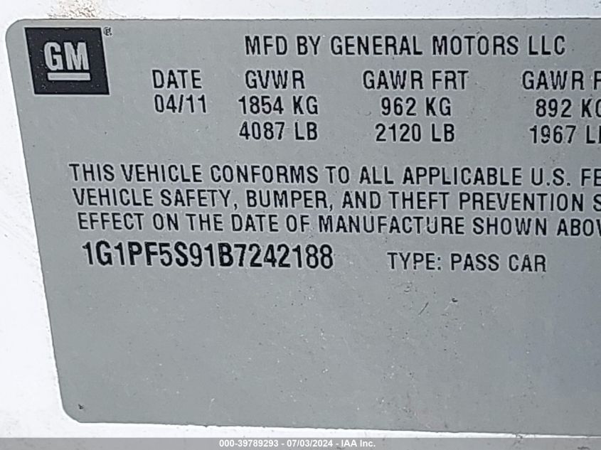 2011 Chevrolet Cruze 1Lt VIN: 1G1PF5S91B7242188 Lot: 39789293