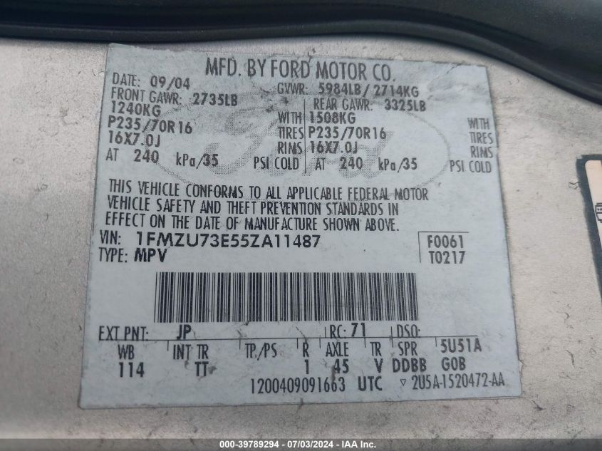 2005 Ford Explorer Xlt/Xlt Sport VIN: 1FMZU73E55ZA11487 Lot: 39789294