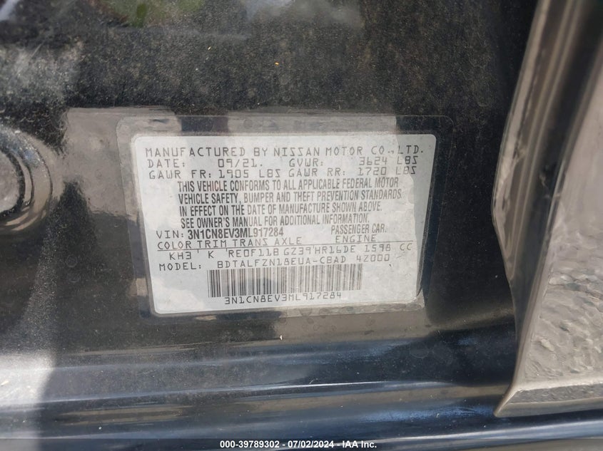 2021 Nissan Versa Sv Xtronic Cvt VIN: 3N1CN8EV3ML917284 Lot: 39789302