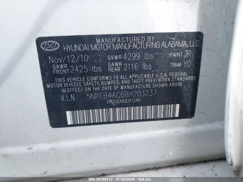 2011 Hyundai Sonata Gls VIN: 5NPEB4AC6BH203237 Lot: 39789312