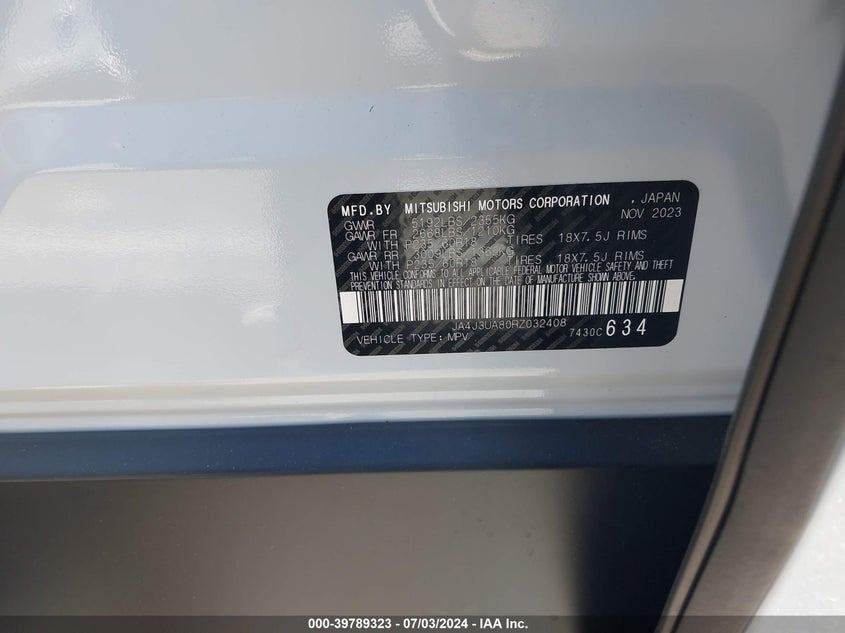 2024 Mitsubishi Outlander Es VIN: JA4J3UA80RZ032408 Lot: 39789323