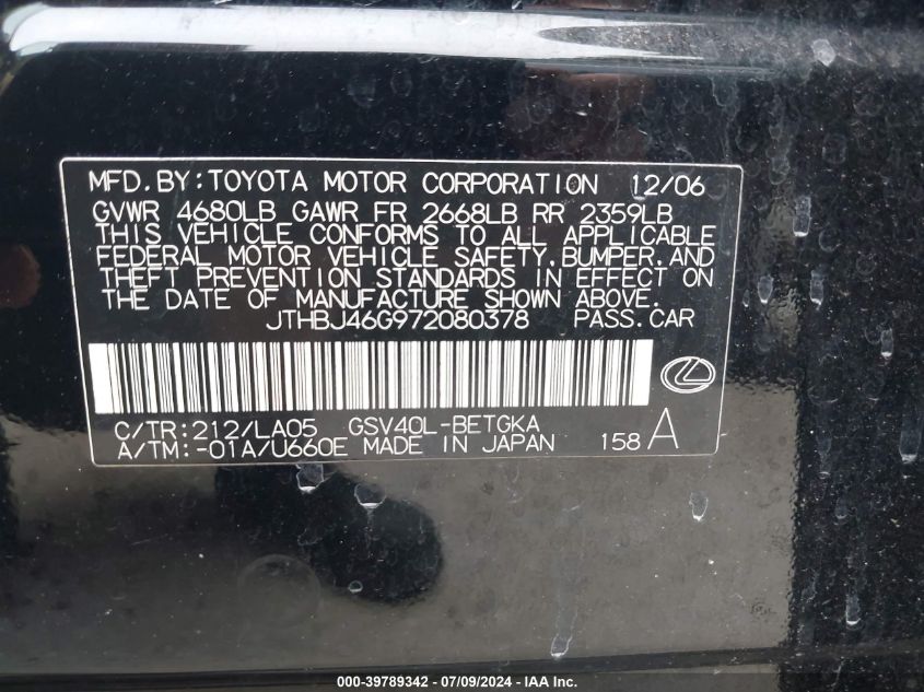 2007 Lexus Es 350 VIN: JTHBJ46G972080378 Lot: 39789342